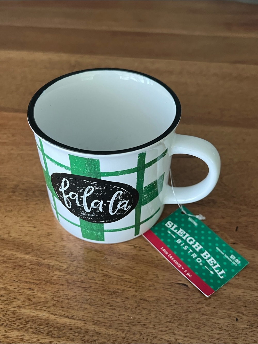 Festive 'fa-la-la' Plaid Ceramic Mug - Green & White new with tags 14oz